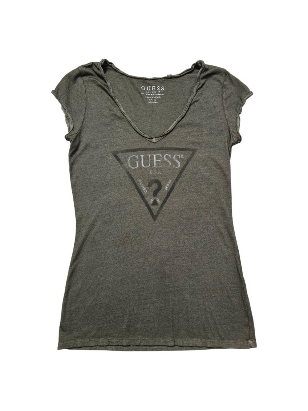 Y2K Guess Womens Green 2000s V-Neck Brand Triangle Logo Short Sleeve Shirt Small